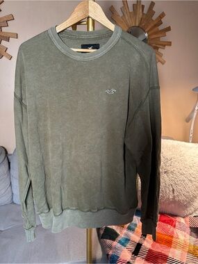 Hollister Olive Green Logo Crew Sweatshirt Burnout Terry Cloth Style Vintage